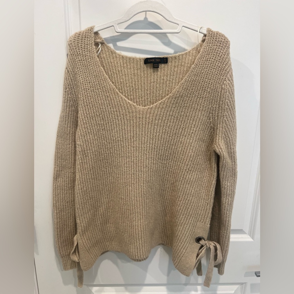 Love Tree tan sweater with tie details on each side
